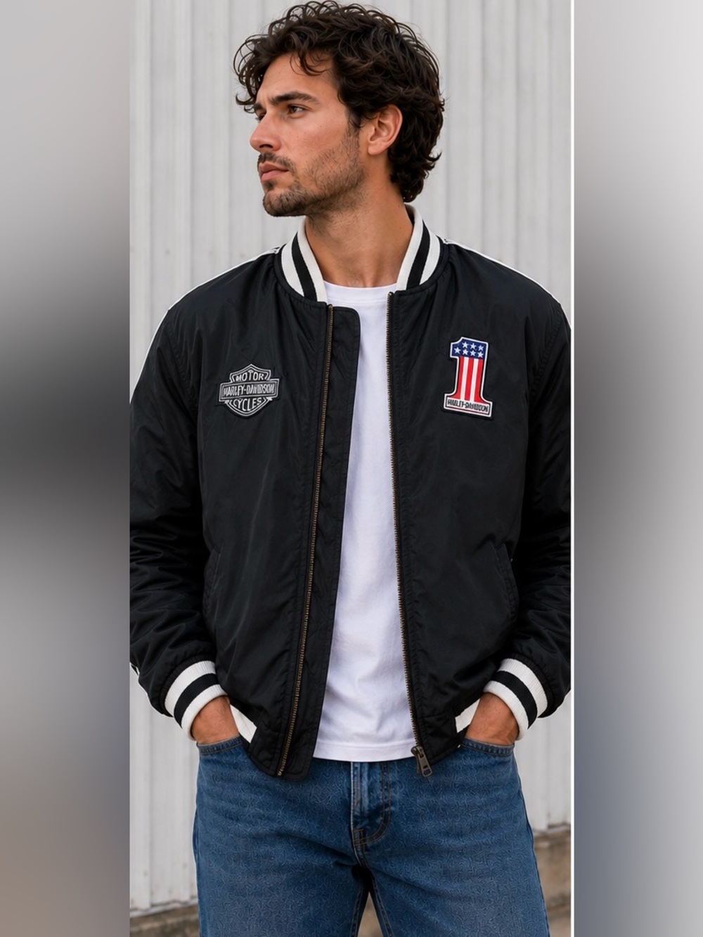 Harley-Davidson Vintage Y2K M Black Bomber Jacket Sherpa Lined Distressed Back